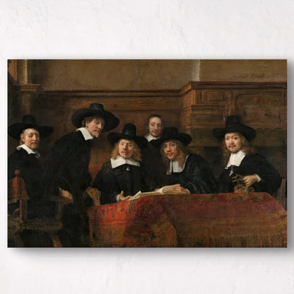 Detail van Rembrandts “De Staalmeesters” met mannen in zwarte kleding rond een tafel met tapijt
