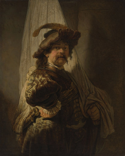 Volledige weergave van Rembrandts “De vaandeldrager” met figuur tegen donkere achtergrond
