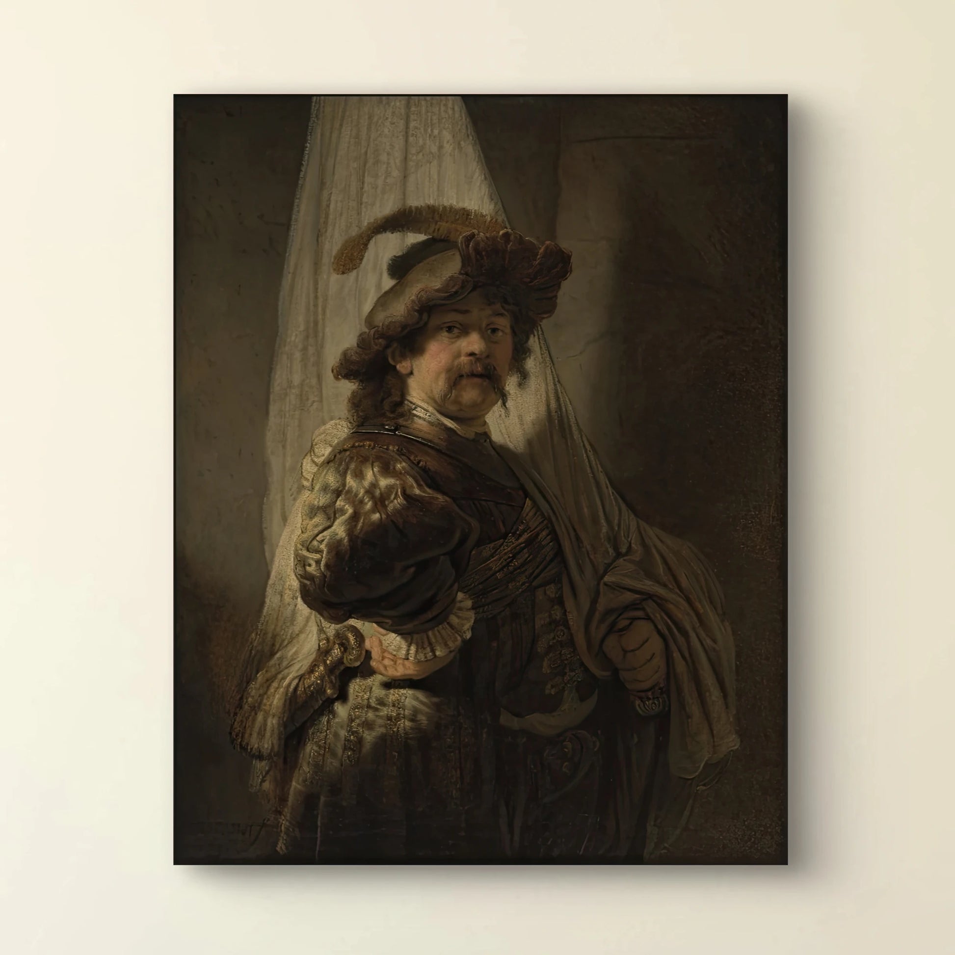 Detail van Rembrandts “De vaandeldrager” met man in rijk kostuum, vaandel en veerhoed
