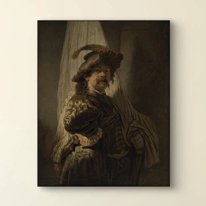 Detail van Rembrandts “De vaandeldrager” met man in rijk kostuum, vaandel en veerhoed

