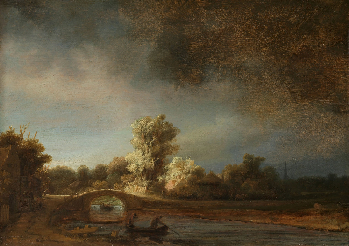 Volledige weergave van “Landschap met stenen brug” met rivier, brug en dreigende wolkenlucht
