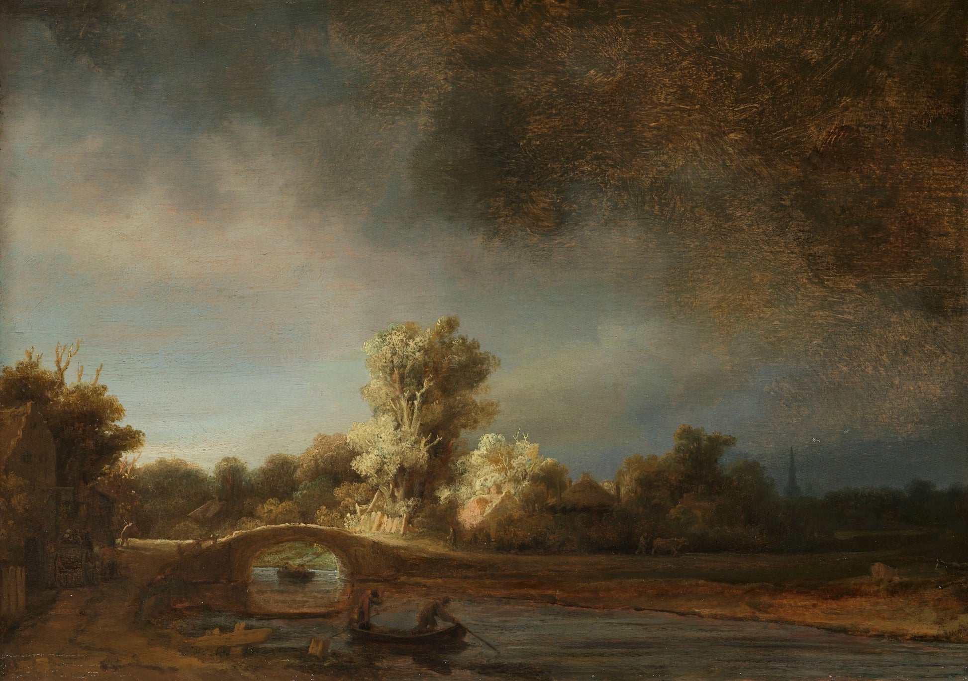 Volledige weergave van “Landschap met stenen brug” met rivier, brug en dreigende wolkenlucht
