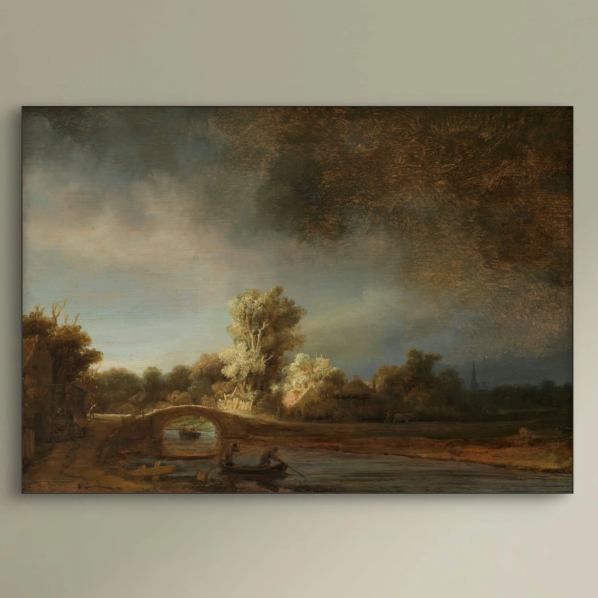 Detail van Rembrandts “Landschap met stenen brug” met boogbrug, roeiboot en zonlicht op bomen
