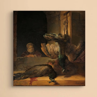 Detail van Rembrandts “Stilleven met pauwen” met hangende en liggende pauwen en kindergezicht op de achtergrond
