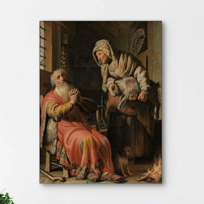 Detail van Rembrandts “Tobit en Anna met het bokje” met Anna, Tobit en het bokje bij het haardvuur
