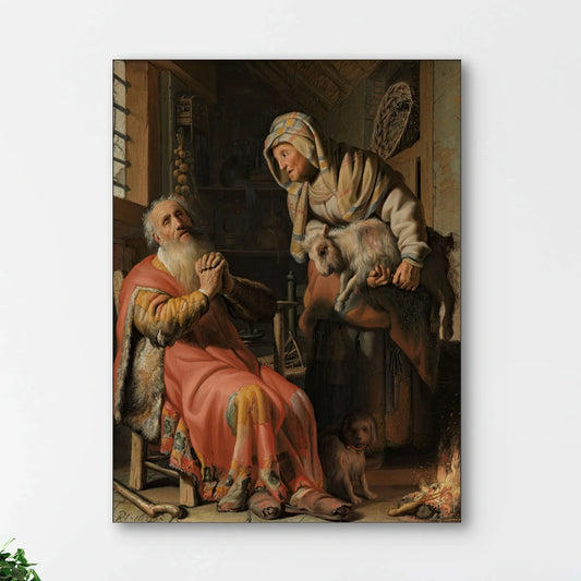 Detail van Rembrandts “Tobit en Anna met het bokje” met Anna, Tobit en het bokje bij het haardvuur
