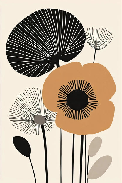 Retro Bloemenfantasie in abstracte bloemenstijl met grafische lijnen en aardetinten

