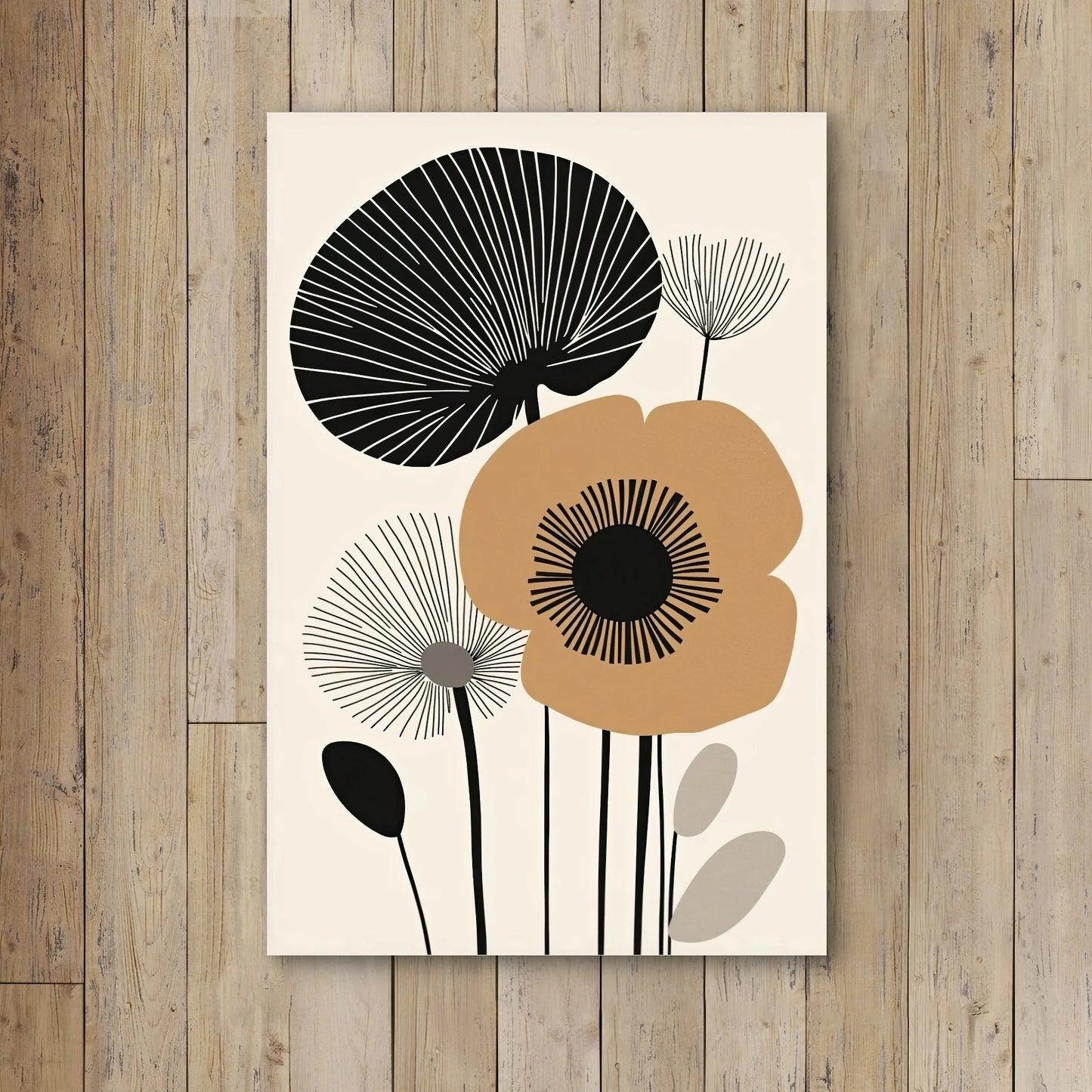 Detail van Retro Bloemenfantasie met gestileerde bloemvormen in zwart en oranje

