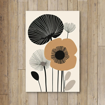 Detail van Retro Bloemenfantasie met gestileerde bloemvormen in zwart en oranje

