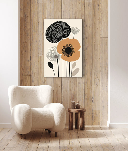 Textielkunst Retro Bloemenfantasie aan houten wand, boven een witte fauteuil