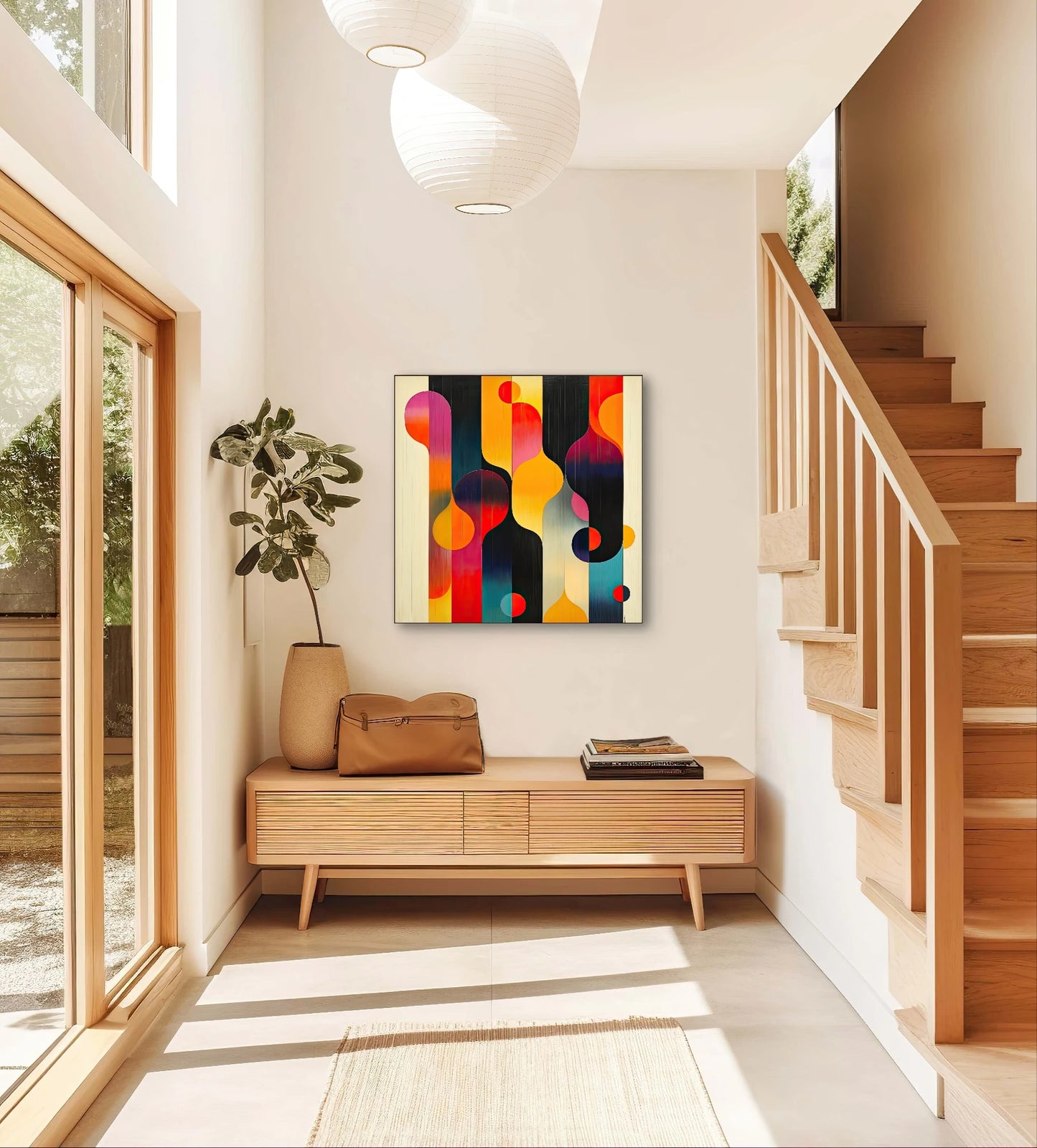 Abstract schilderij met kleurrijke retro vormen in warme tinten aan een muur boven houten bankje in licht interieur
