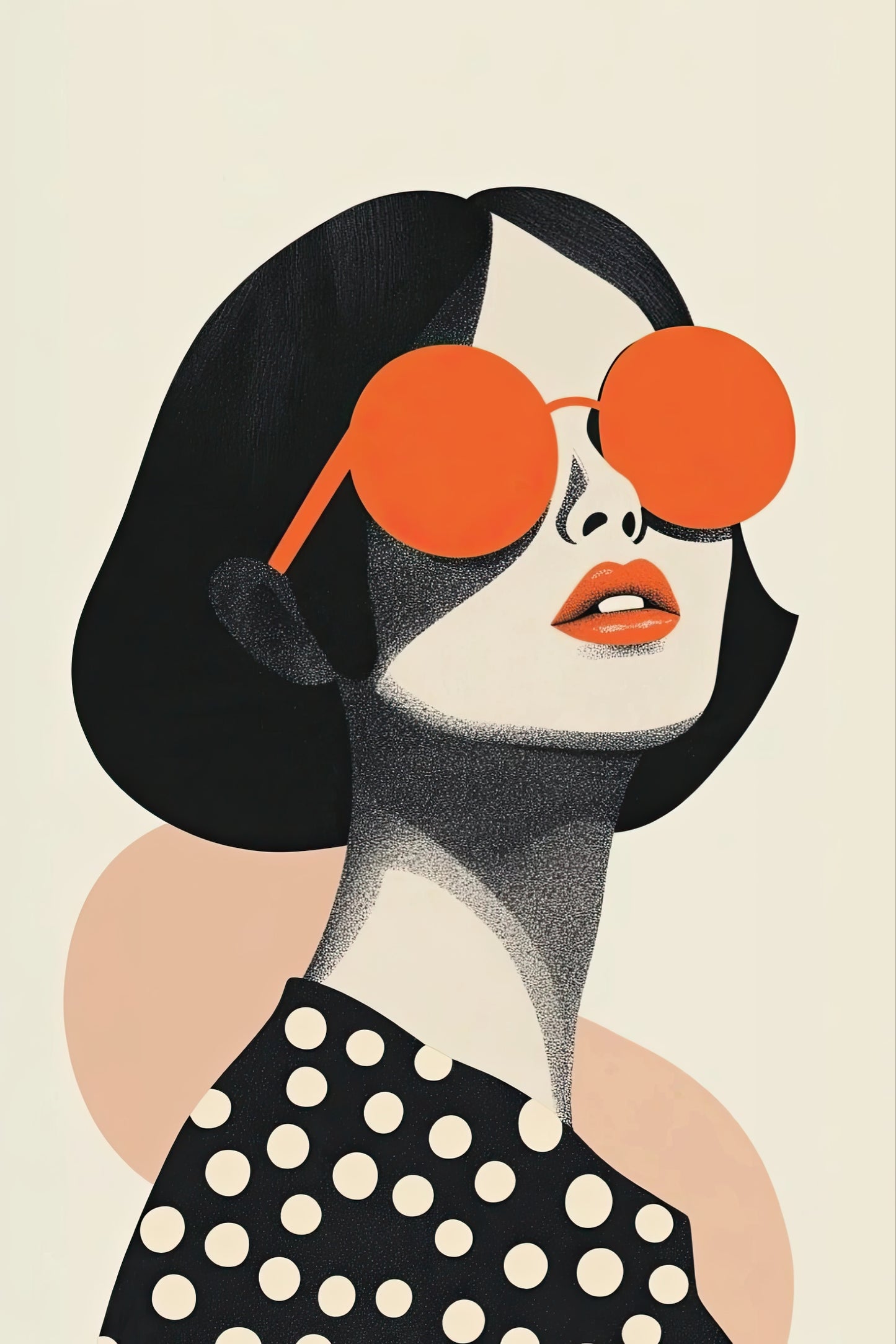 Volledige weergave van Retro Eclipse, gestileerde vrouw met korte boblijn en grote oranje bril
