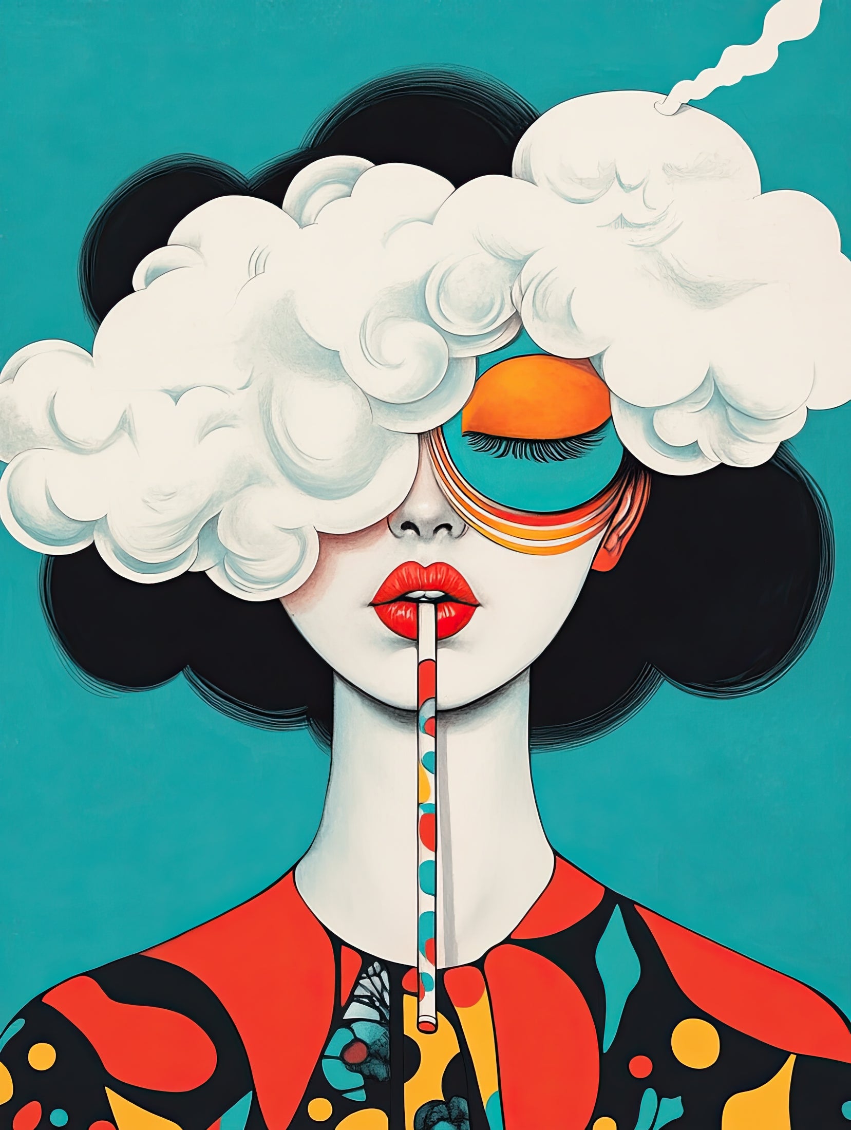 Volledige weergave van Rietje in de Wolken, surrealistisch portret van vrouw met rietje en wolken over haar ogen
