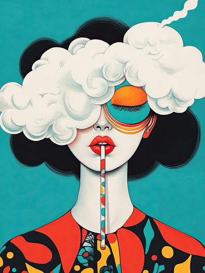 Volledige weergave van Rietje in de Wolken, surrealistisch portret van vrouw met rietje en wolken over haar ogen
