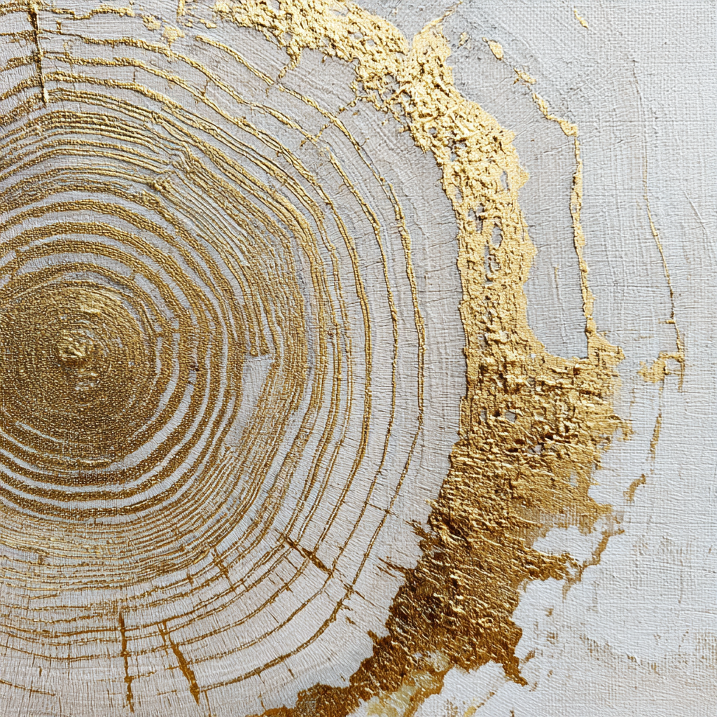 Kunstwerk Ringen van Goud met cirkelvormige gouden ringen en structuur op lichte achtergrond.
