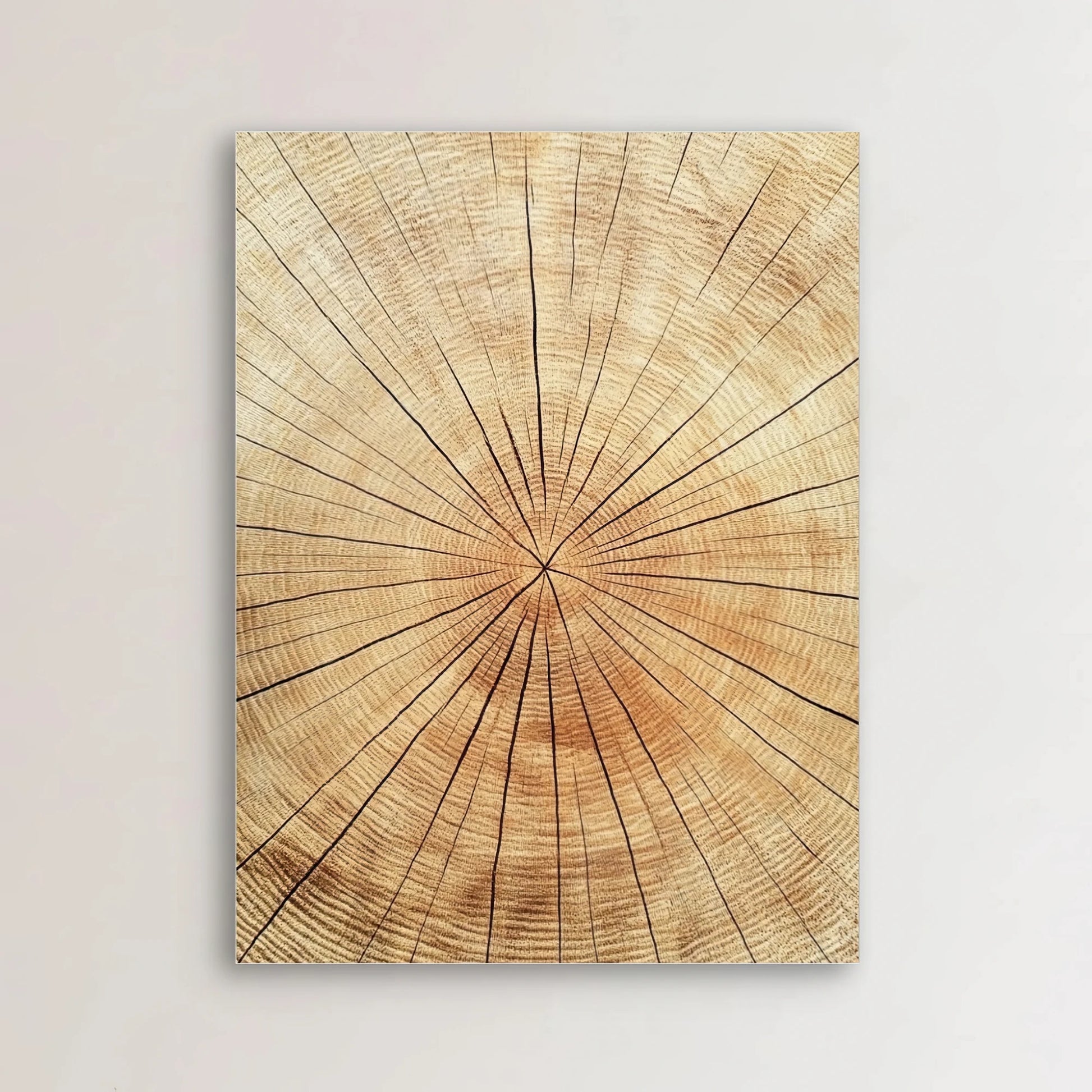 Wandkunst met boomringen in warme houttinten in licht interieur met haard en houten salontafel
