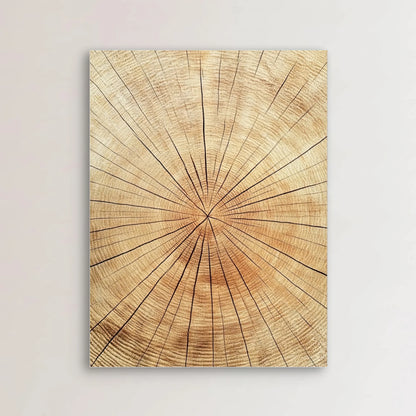 Wandkunst met boomringen in warme houttinten in licht interieur met haard en houten salontafel
