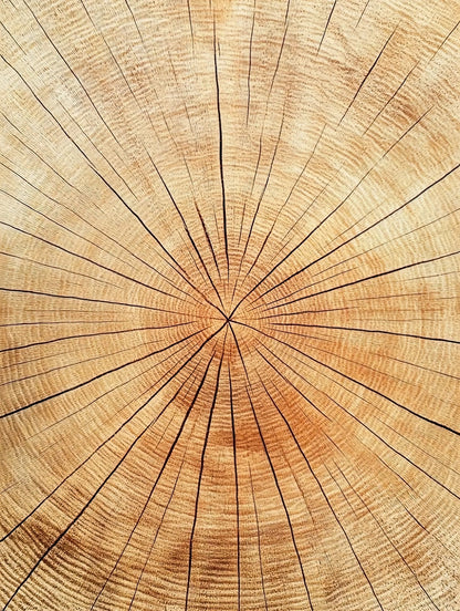 Kunstwerk van boomdoorsnede met cirkelvormige jaarringen in beige en bruintinten

