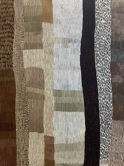 xVolledig kunstwerk Ritme van Steen met abstracte patronen in beige, bruin en zwart 
