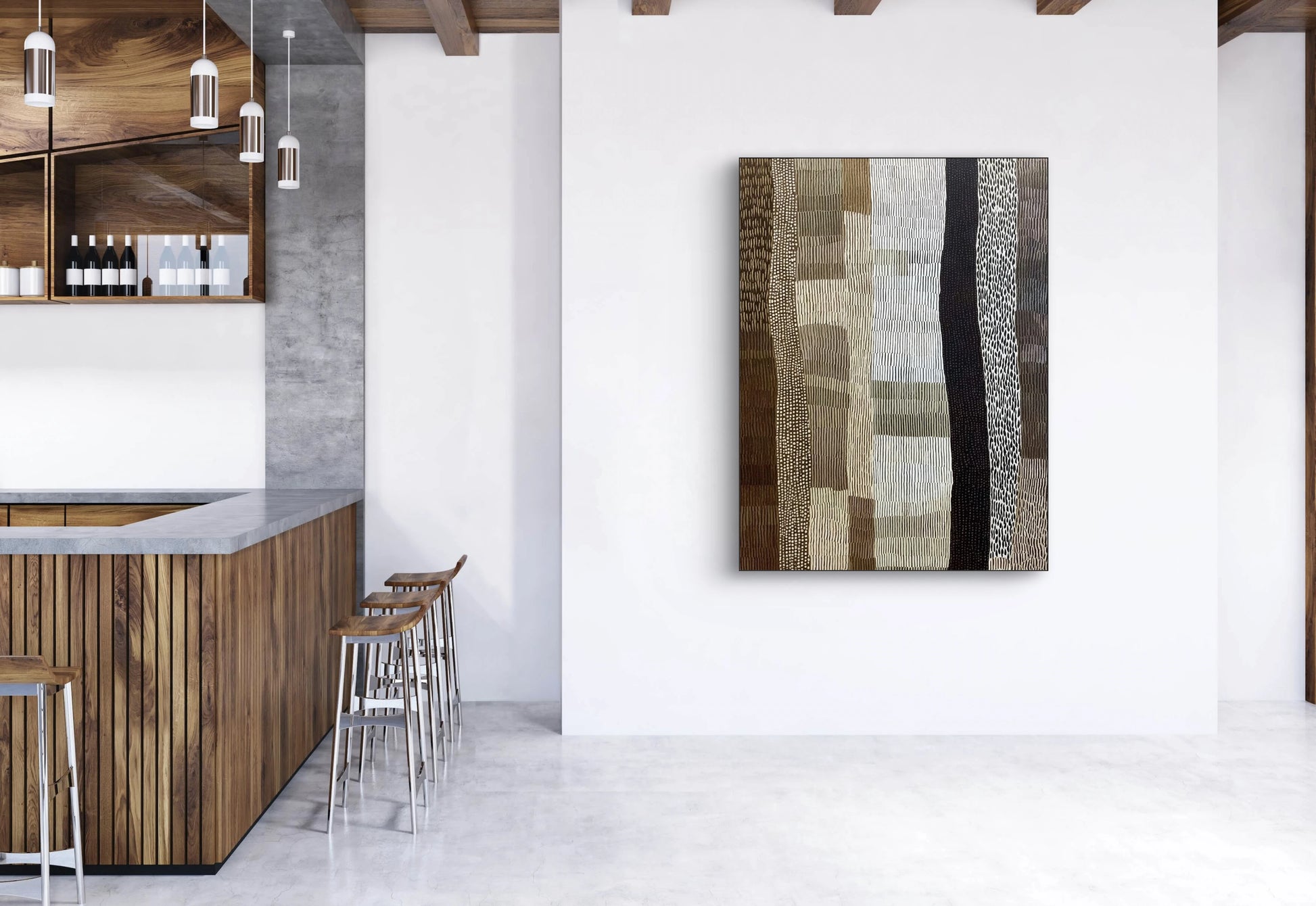 Mock-up van kunstwerk Ritme van Steen aan de muur boven een houten barinterieur met moderne accenten 
