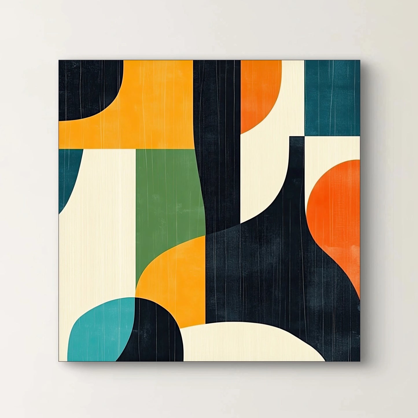 Detail van abstracte geometrische vormen in oranje, blauwgroen, donkergroen, crème en zwart
