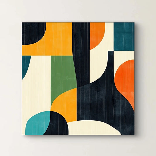 Detail van abstracte geometrische vormen in oranje, blauwgroen, donkergroen, crème en zwart
