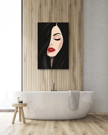 Textielkunstwerk Rode Stilte boven een vrijstaand bad tegen een houten wand in een serene badkamer
