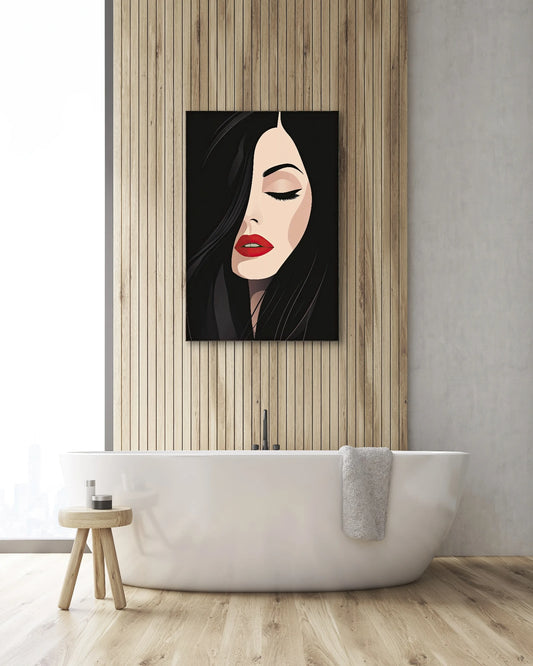 Textielkunstwerk Rode Stilte boven een vrijstaand bad tegen een houten wand in een serene badkamer
