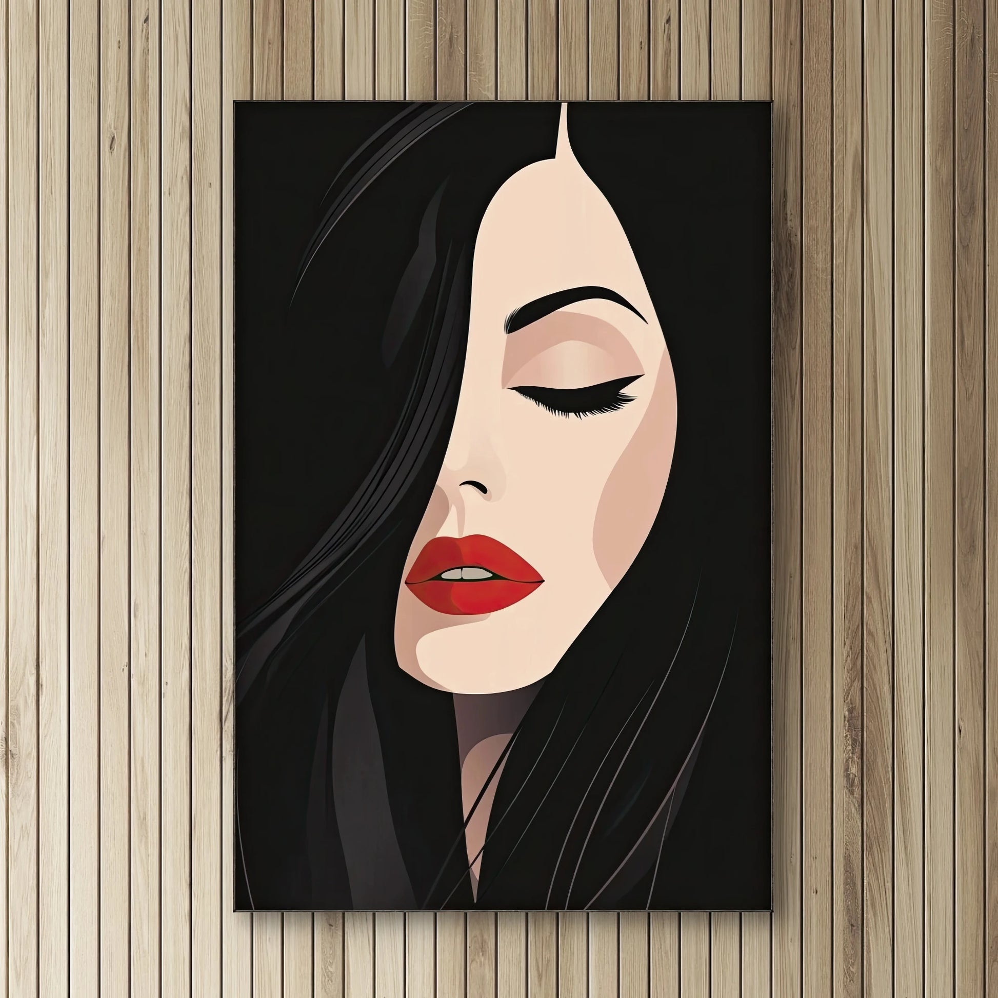 Detail van Rode Stilte met vrouw, zwart haar en rode lippen, ogen gesloten op donkere achtergrond
