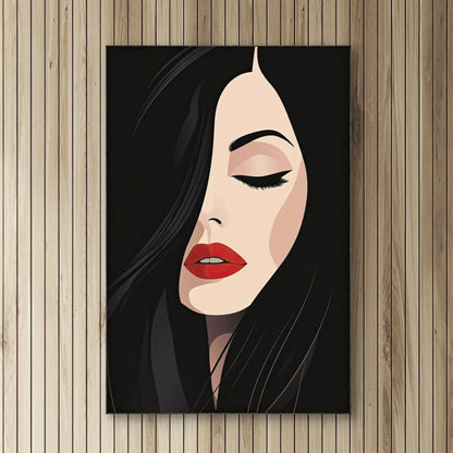 Detail van Rode Stilte met vrouw, zwart haar en rode lippen, ogen gesloten op donkere achtergrond
