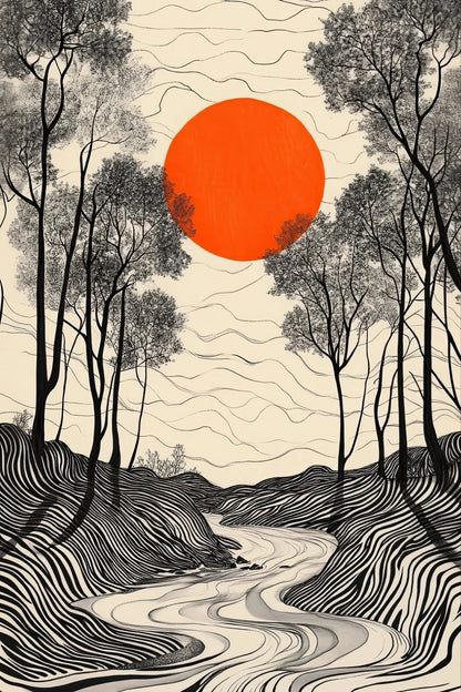 Volledig kunstwerk met rode zon boven gestileerd zwart-wit landschap met bomen en rivier
