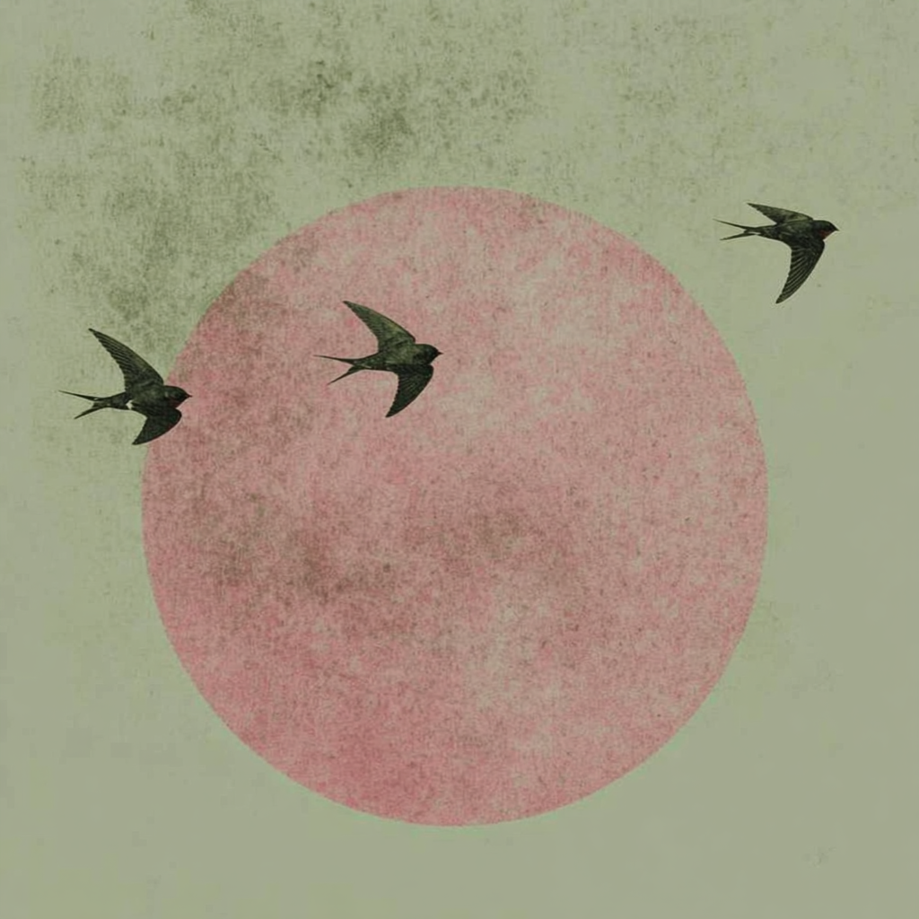 Abstract kunstwerk Rond de Stilte met zwaluwen en poederroze zon op groene achtergrond in rustgevende tonen.
