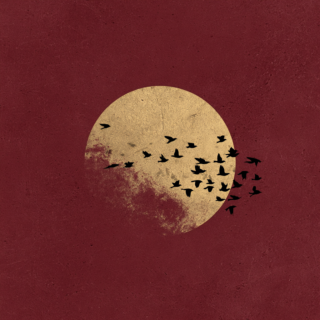 Modern kunstwerk Rood Goud met gouden zon en zwarte vogels op een dieprode achtergrond.
