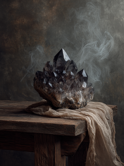 Volledig kunstwerk Rooksteen met ruwe kristal op houten tafel en zachte nevel 
