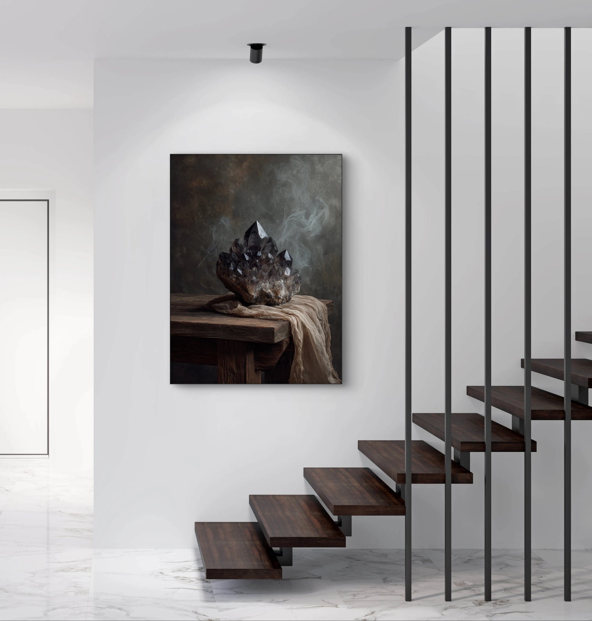 Mock-up van kunstwerk Rooksteen aan de muur naast moderne trap met houten treden 
