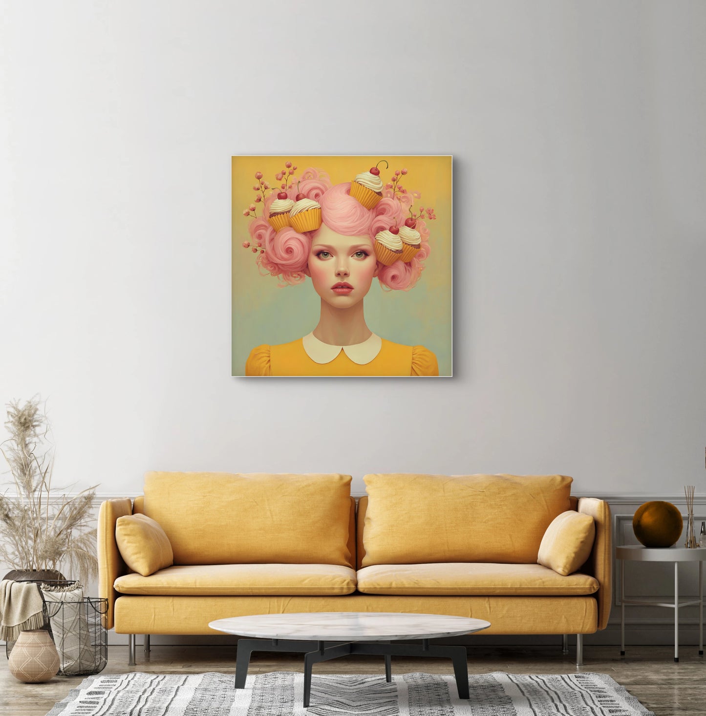Rosayne wandkunst in modern interieur met warme roze en gele tinten
