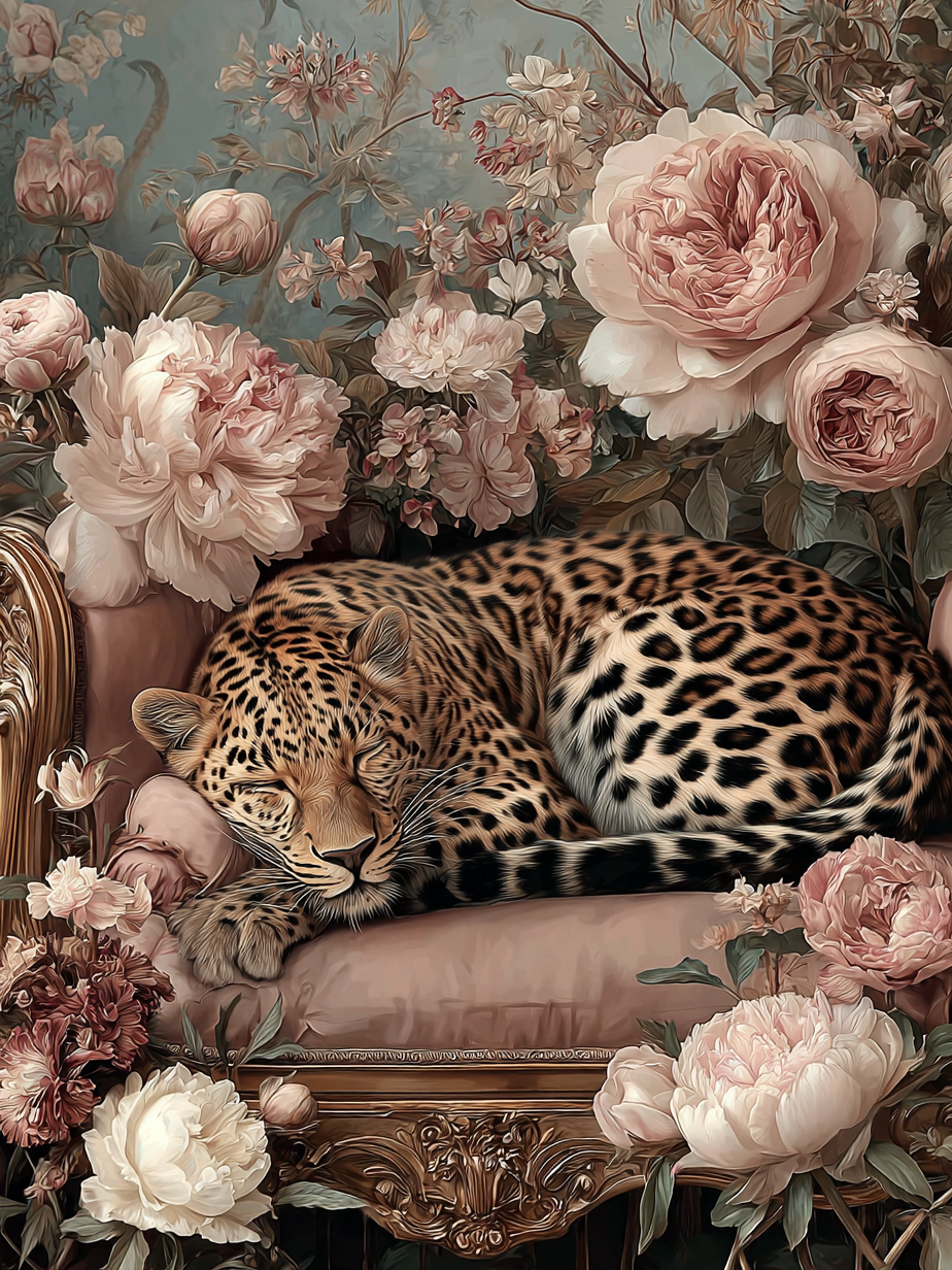 Volledige weergave van Rosendroom met luipaard rustend in een bloemenzee  
