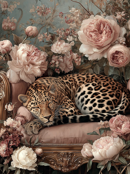 Volledige weergave van Rosendroom met luipaard rustend in een bloemenzee  
