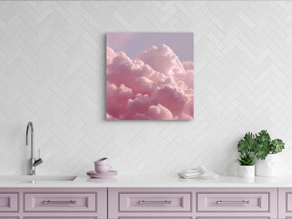 Roze wolkenkunst aan de muur boven een keukenblad met lavendelkleurige kasten en witte tegels
