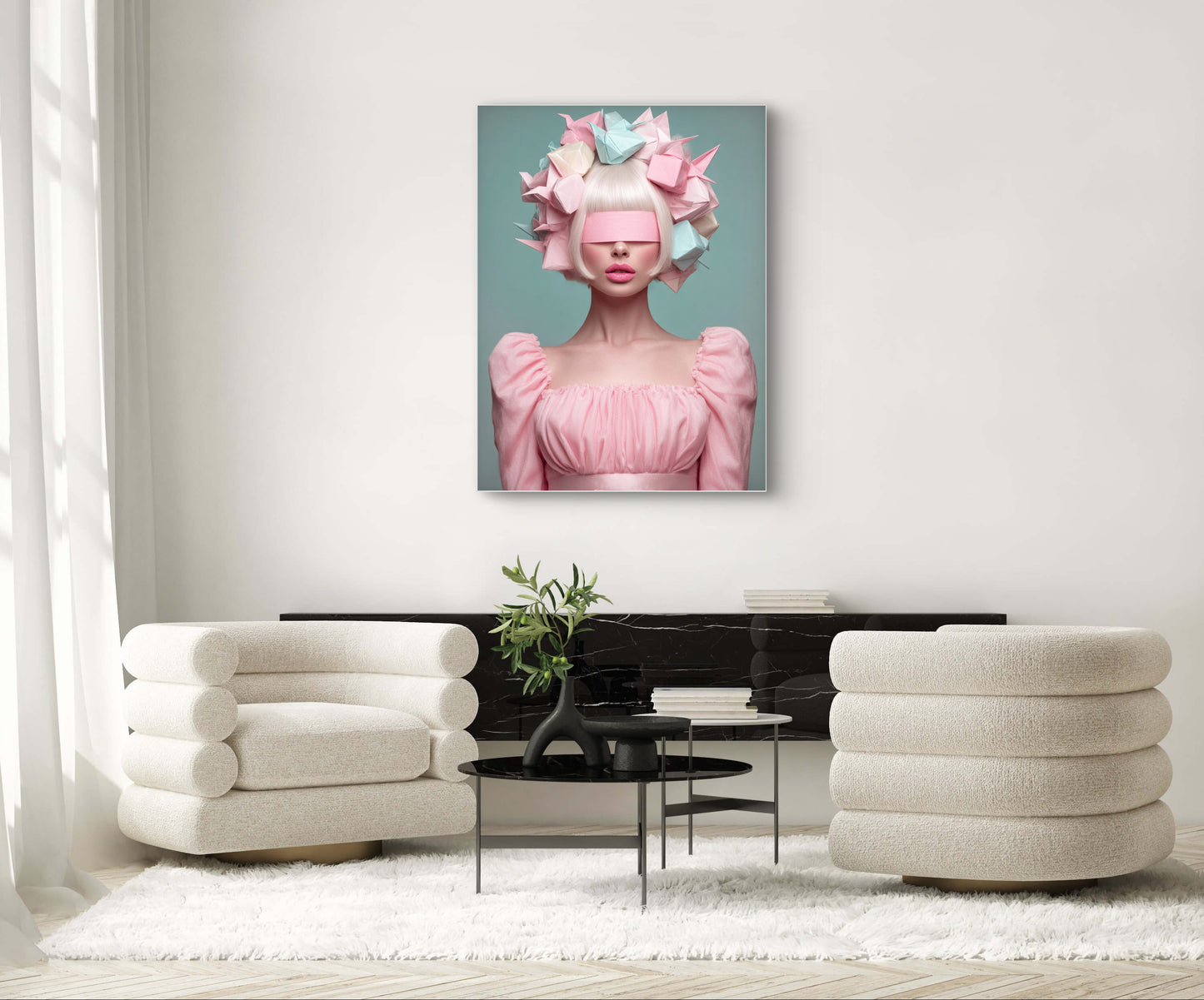 Rozemarijn wandkunst in modern interieur met pastelkleuren en zachte lichtval
