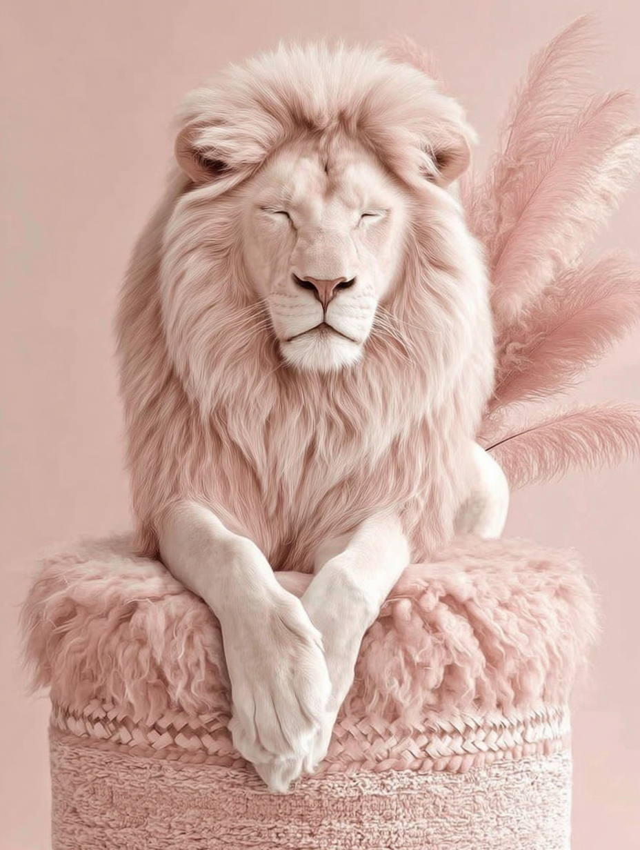 Volledige weergave van Rozenkoning met witte leeuw liggend op roze kussen met veren  
