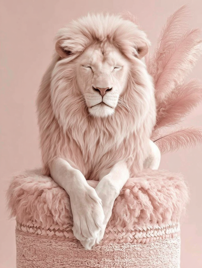 Volledige weergave van Rozenkoning met witte leeuw liggend op roze kussen met veren  
