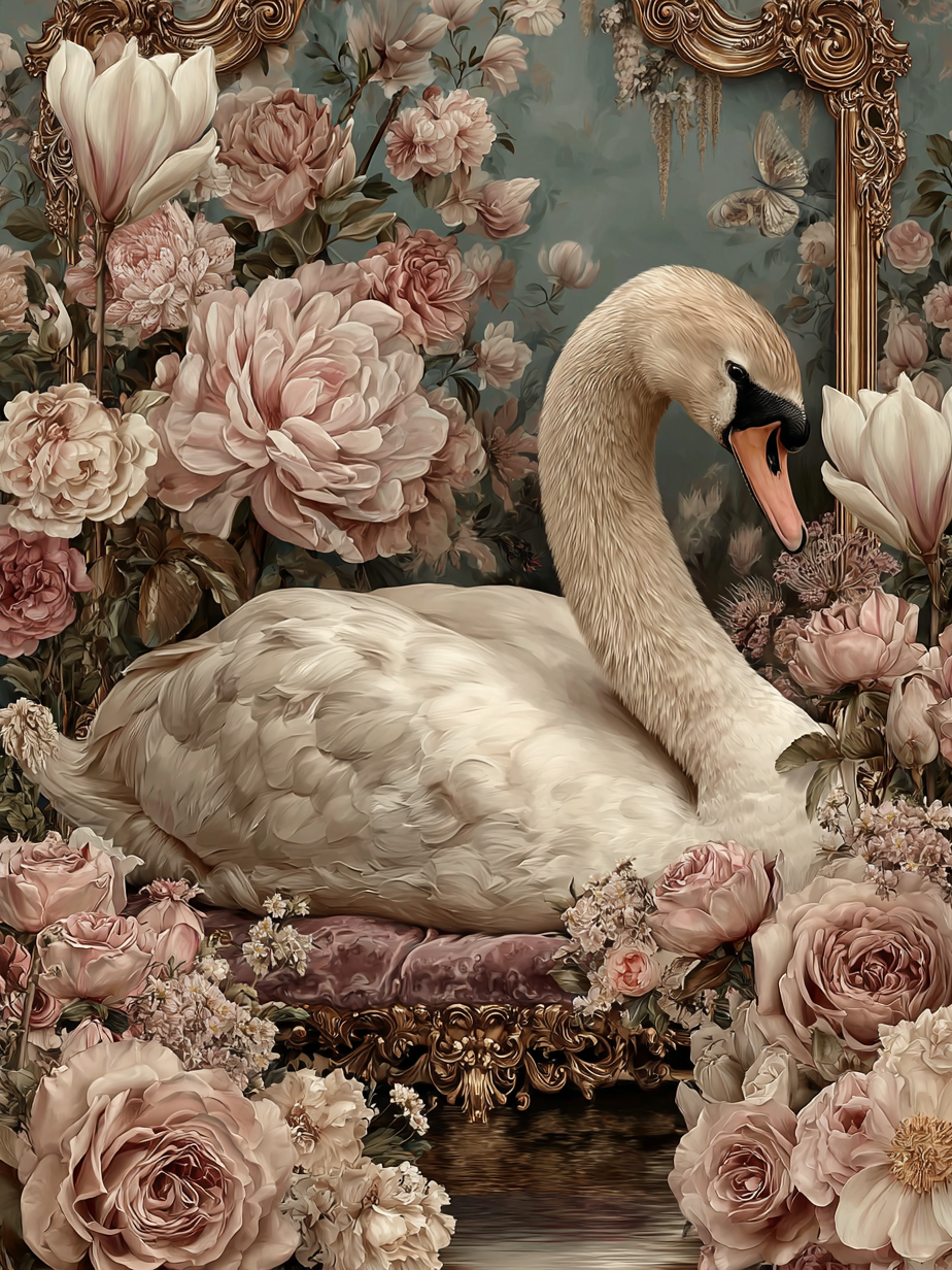 Volledige weergave van Rozenkoningin met witte zwaan en bloemenzee  
