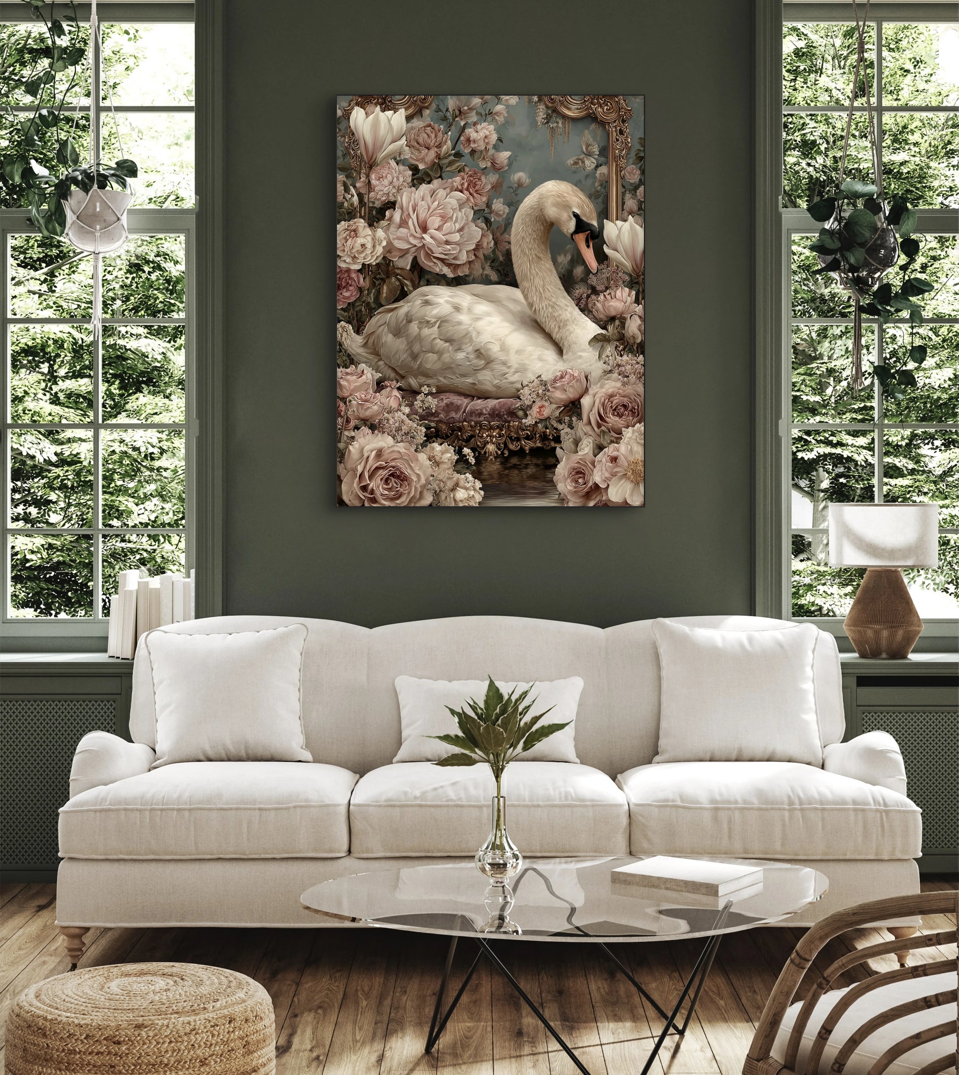 Mock-up van Rozenkoningin aan de muur boven een beige sofa in een klassieke woonkamer  
