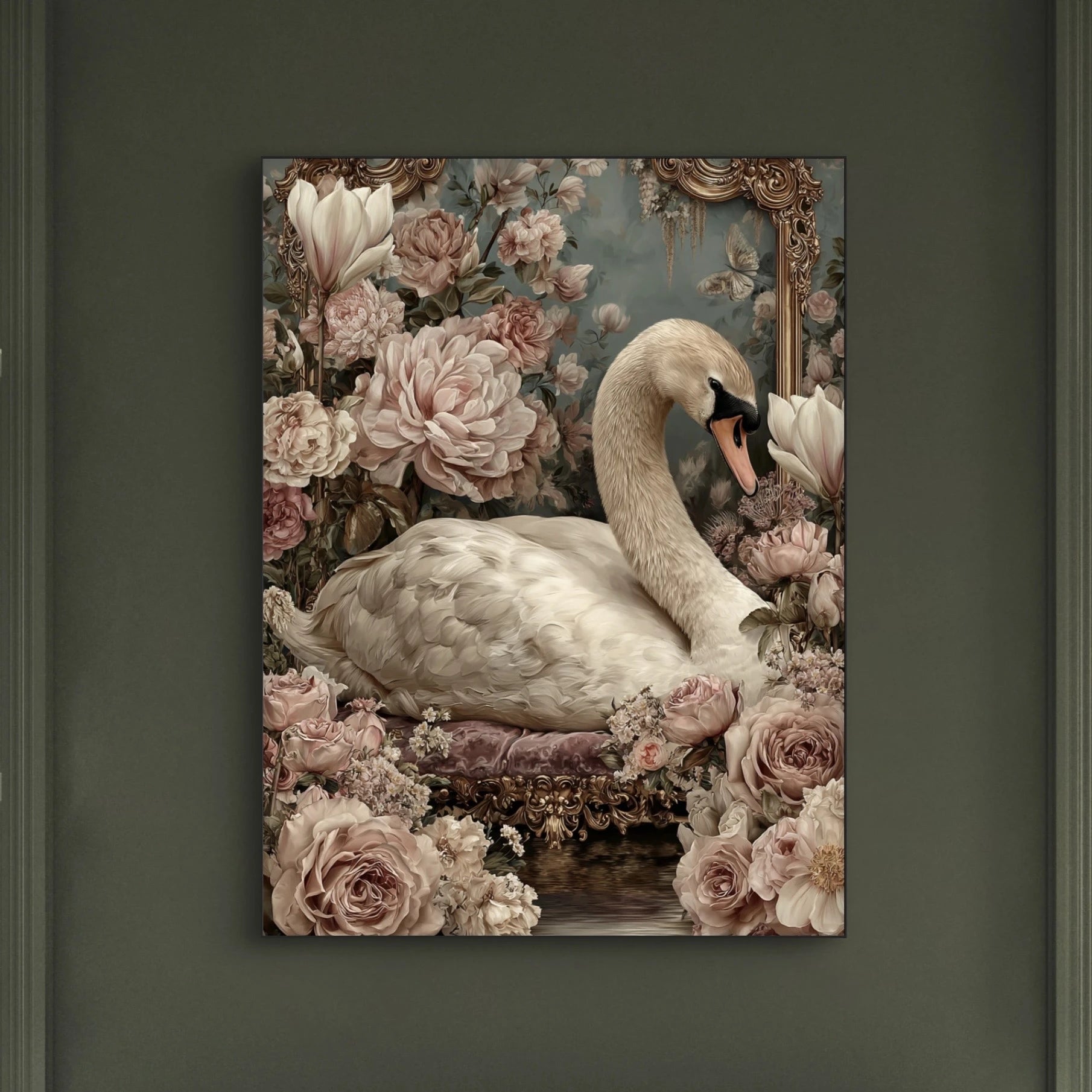 Detailopname van Rozenkoningin met sierlijke zwaan tussen rozen en bloesems  
