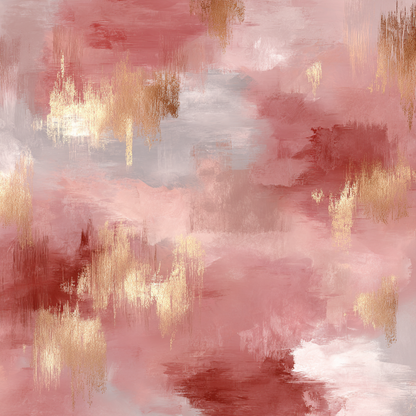 Volledige weergave van abstract schilderij Rozennevel met warme roze en gouden tonen
