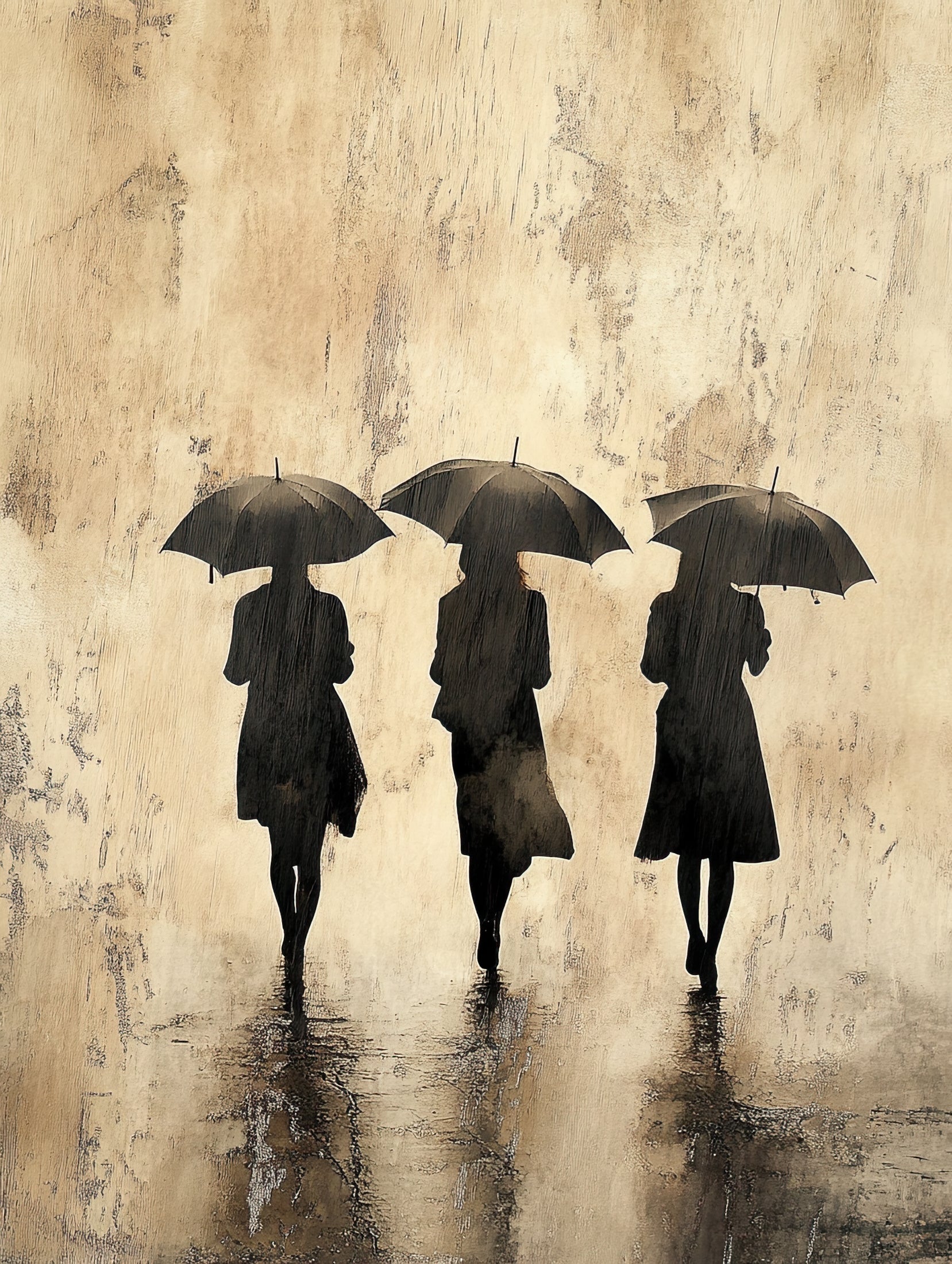 Volledige weergave van Samen in de Regen, minimalistisch kunstwerk van drie figuren in regen op zachte ondergrond
