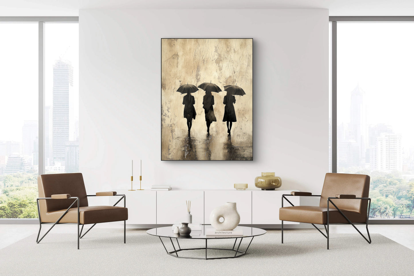 Textielkunstwerk Samen in de Regen boven een wit meubel.