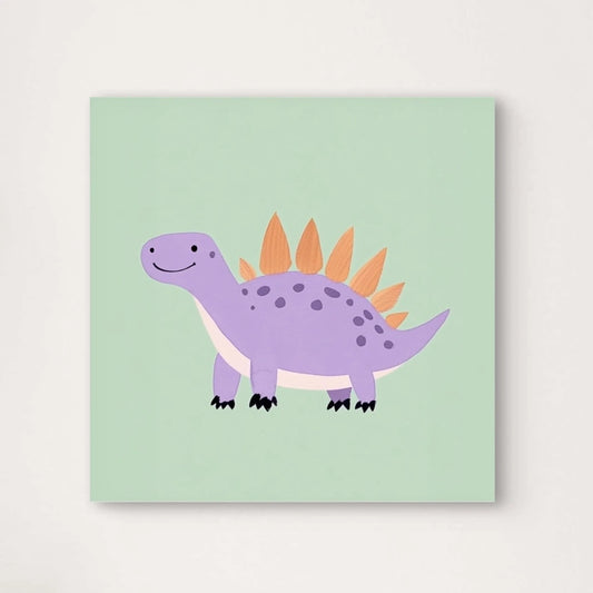 Detail van een vrolijke paarse stegosaurus met oranje platen op een groene achtergrond  
