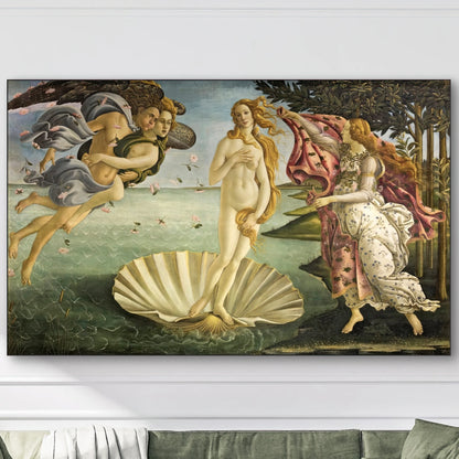 Detail van Botticelli’s “De geboorte van Venus” met Venus op de schelp en wervelende figuren om haar heen
